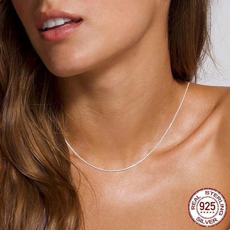 Solid Gold Over 925 Sterling Silver Chain Necklace for Women Girls, Thin Dainty Round Snake Chain For Daily Pairing