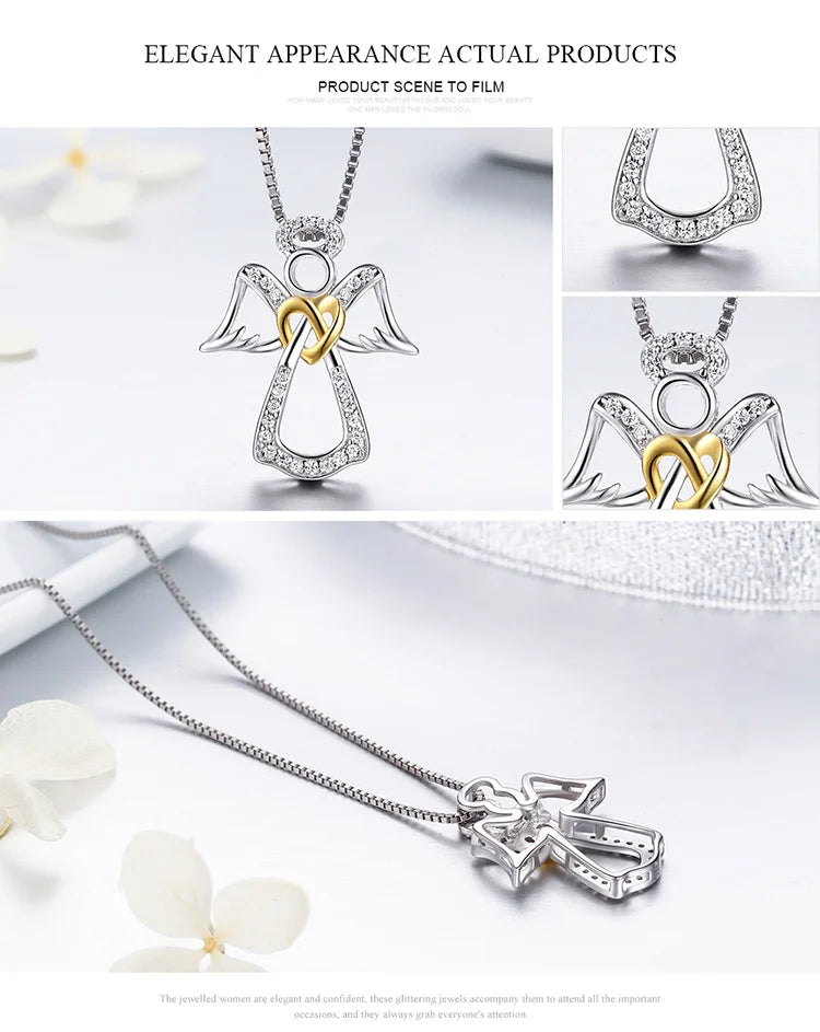 925 Sterling Silver Guardian Angel Pendant Necklace Angel Wing Chain for Women Dazzling Zircon Luxury Jewelry SCN123