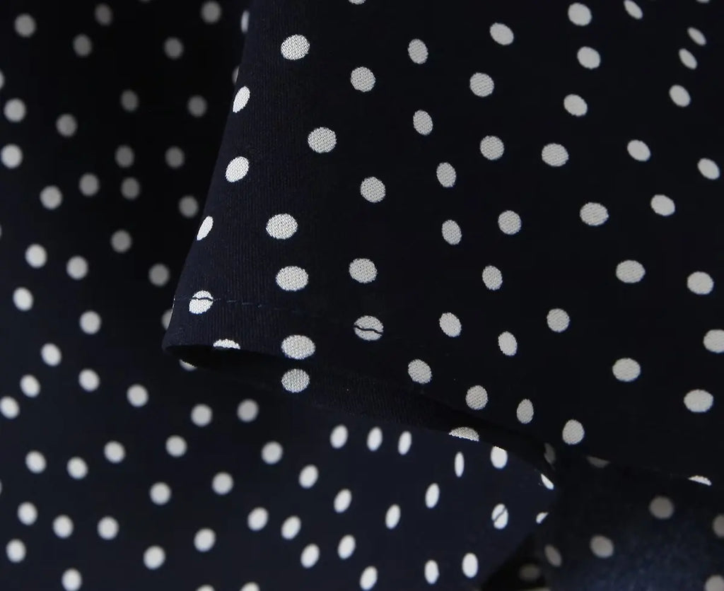 2025 Women Navy Blue Polka Dot Long Dress Lace Trim V Neck Short Sleeve A-line Elegant Holiday Dresses Summe Maxi Robe