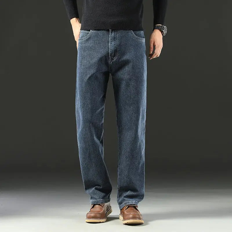 Men's Spring Autumn Soft Baggy Jeans Casual Straight Stretch Wide-Leg Business Denim Pants Versatile Comfortable Loose Trousers