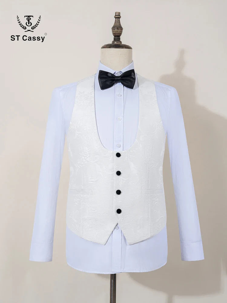 High Quality white party outfit for man luxury Retro carving Slim Fit Tuxedo Prom Suit Fashion Male Groom Wedding