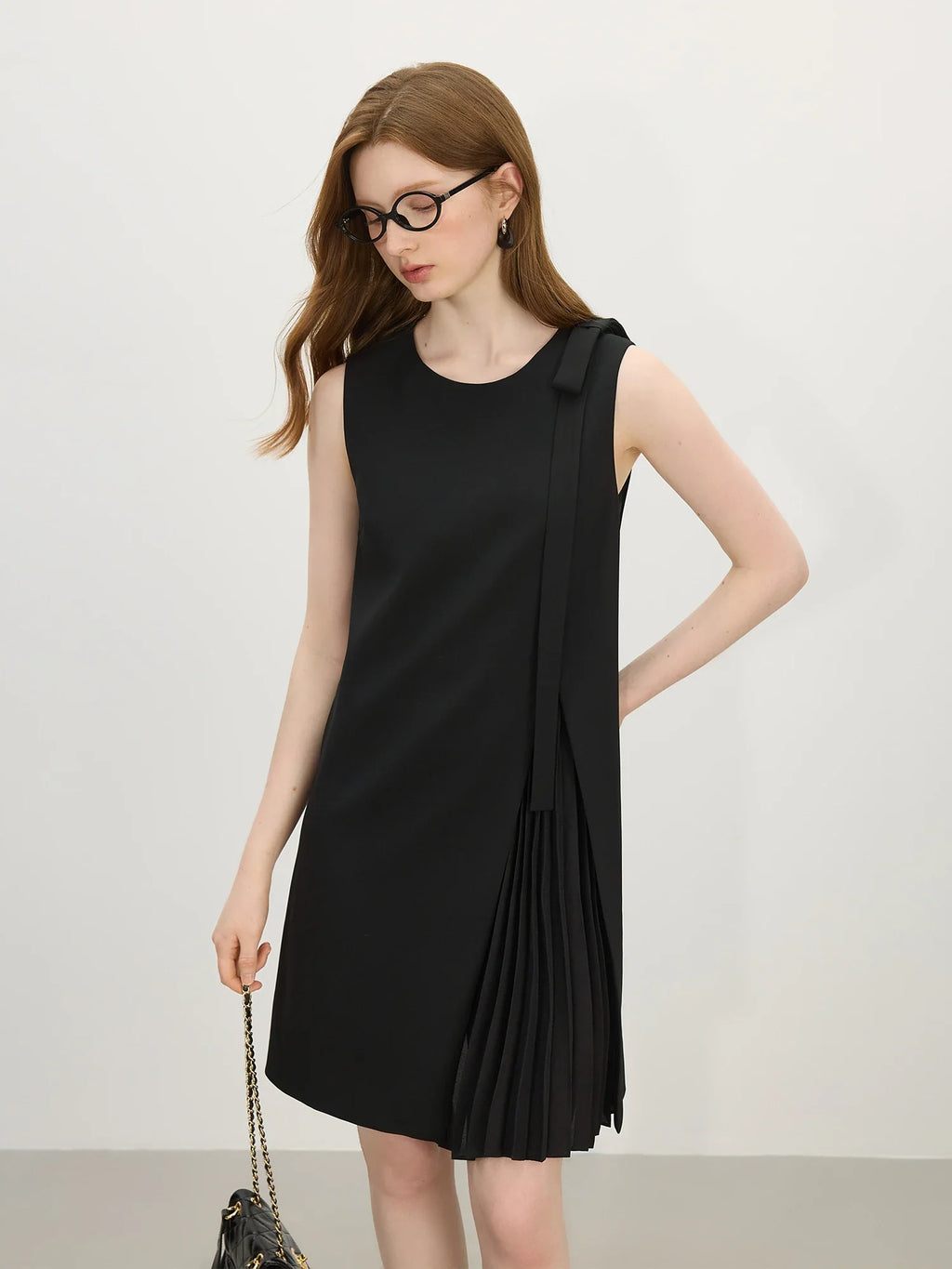 2025 Summer Petite Textured Pleated Dress - Artisan Bow Accents & Flared A-Line Silhouette for Casual Chic 25FS12622