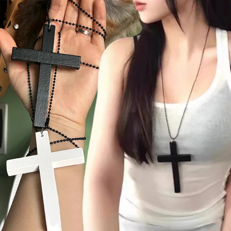 Y2K Wood Cross Pendant Necklace for Women Men Vintage Cool Spicy Girls Hip Hop Fashion Necklace Party Jewelry Accessories Gift