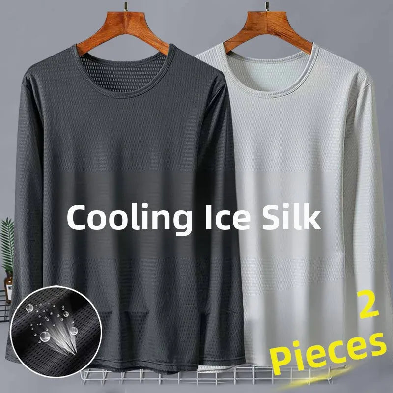 New 2025 Men's Ice Silk Breathable Sun Protection Hollow out Thin Long Sleeve Casual Sports T-Shirt Large Size Loose Fit