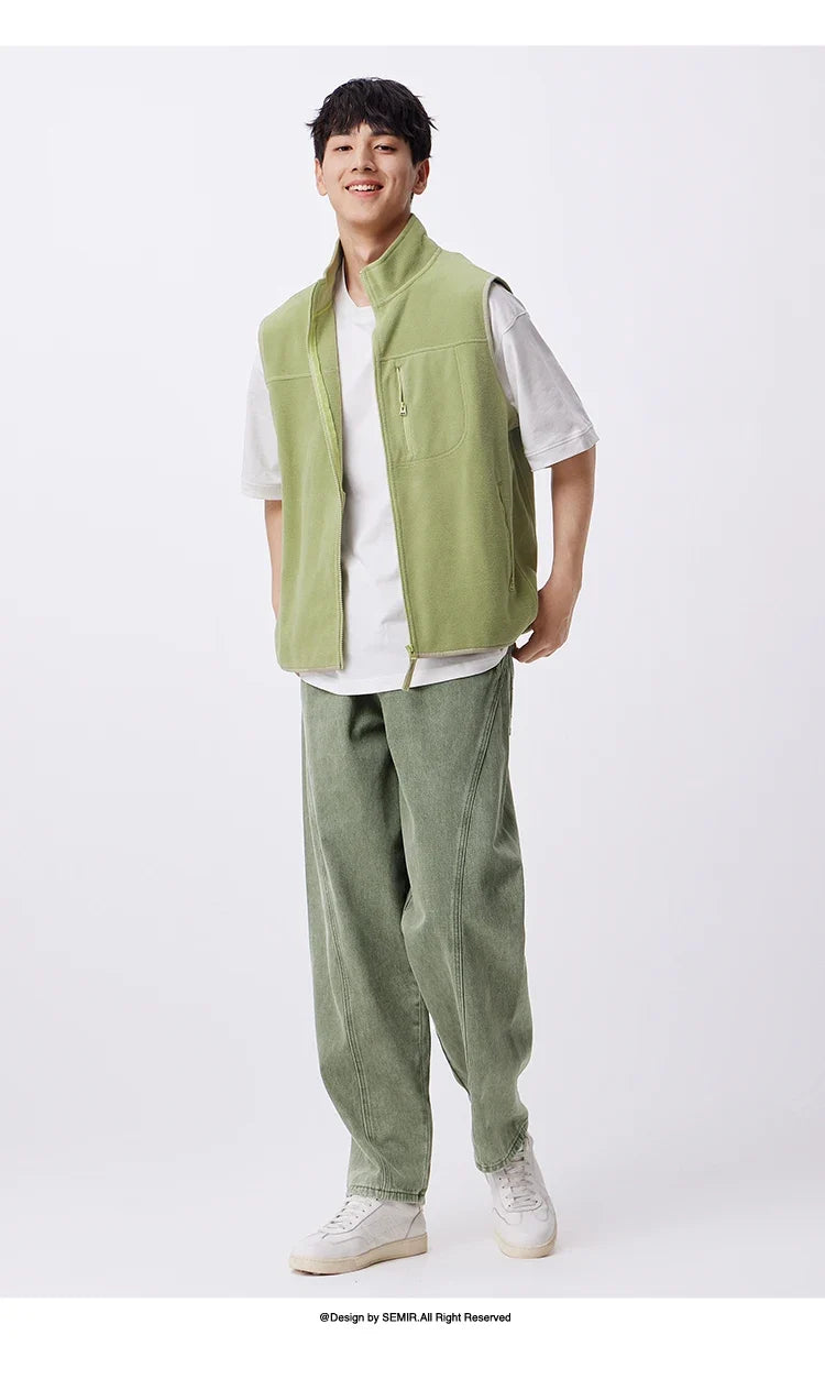 Vest Men Anti-Static Fleece Coat New Autumn 2024 Warm Collar Lining Solid Color Versatile Top