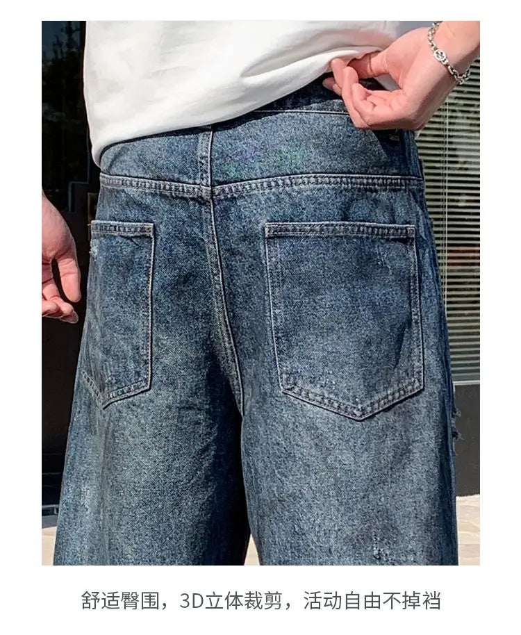 American-style distressed wide-leg jeans, loose-fitting washed and distressed straight-leg jeans, trendy brand.
