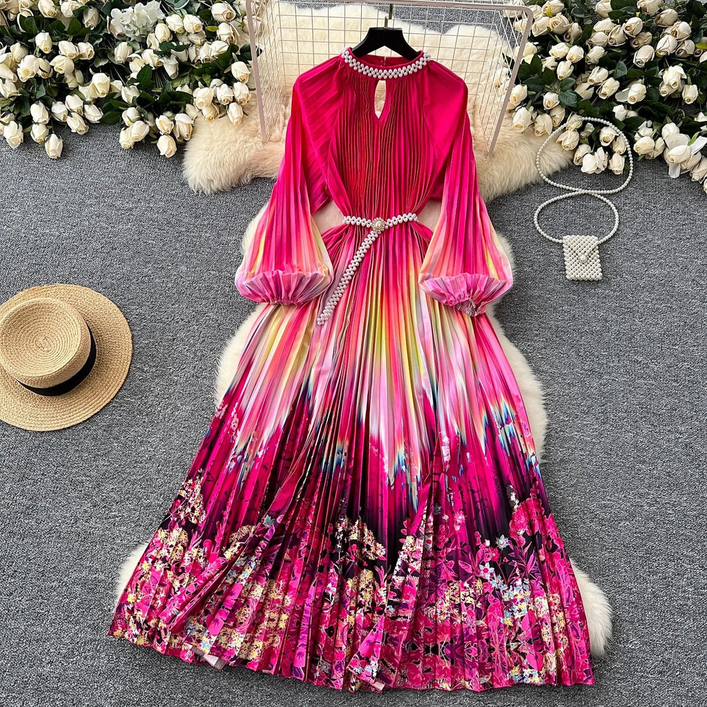 High-End Women's Dr Faionable Beaded round Ne Hollow out Pleated Lantern Sve Waist Cinched Floral Print Lon...