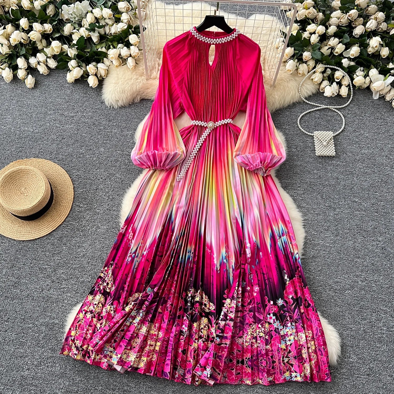 High-End Women's Dr Faionable Beaded round Ne Hollow out Pleated Lantern Sve Waist Cinched Floral Print Lon...