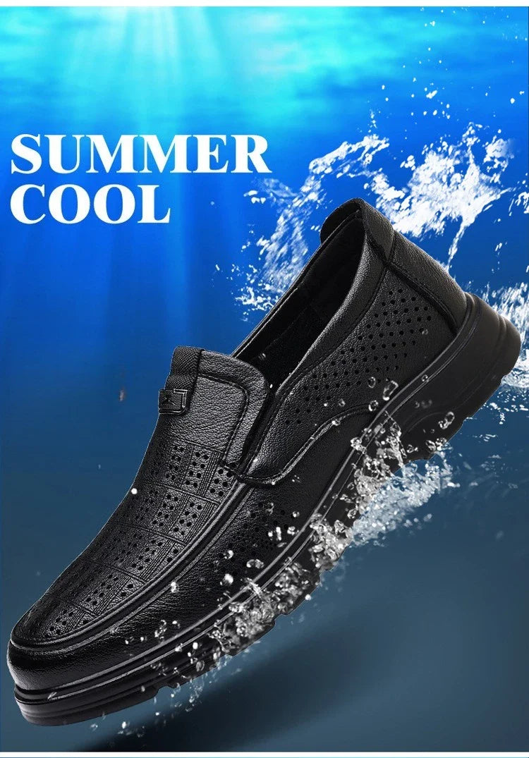 Men's Summer Breathable Leather Loafers Brown Hollow Out Slip-On Shoes Male Thick Sole Comfortable Non-slip Work Shoes for Man