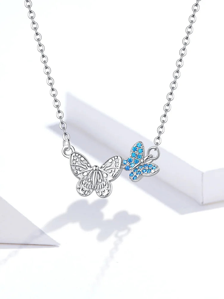 925 Sterling Silver Blue Zircon Flying Butterfly Necklace Women Birthday Gift Korean Style Fashion Jewelry Gift SCN384