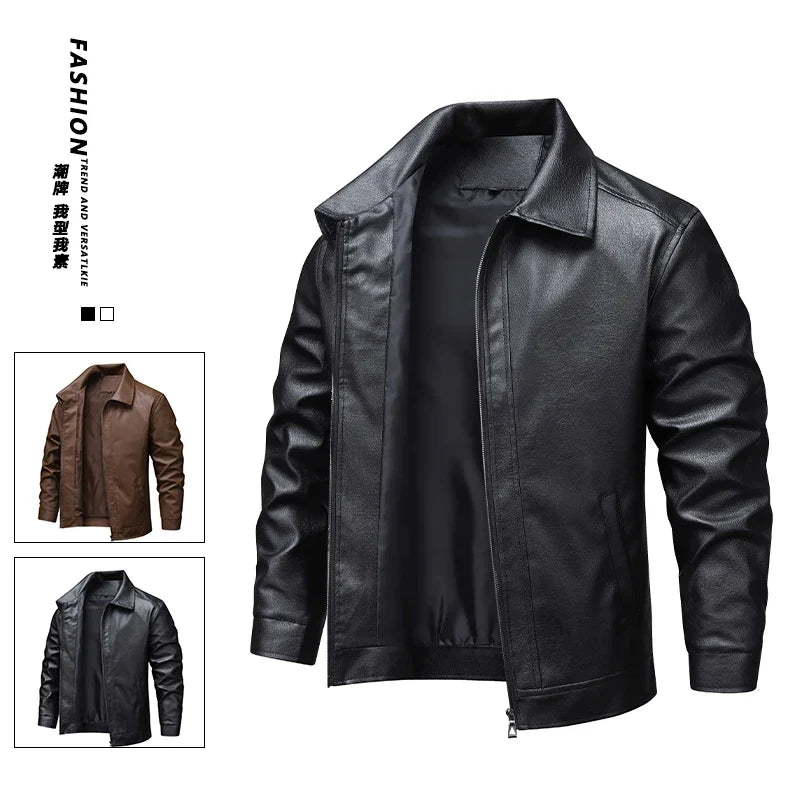 2025 new spring and autumn men's turn-down collar leather jacket men casual coat men's top windproof Loose fit trendy jacket