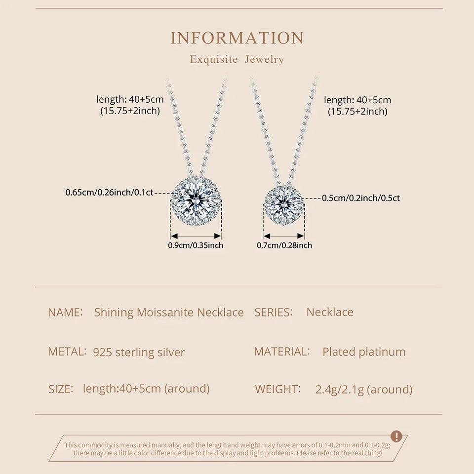 925 Sterling Silver Round Halo Moissanite Necklace, White Gold Plated Classic Elegant Necklace Engagement Jewellry Gift