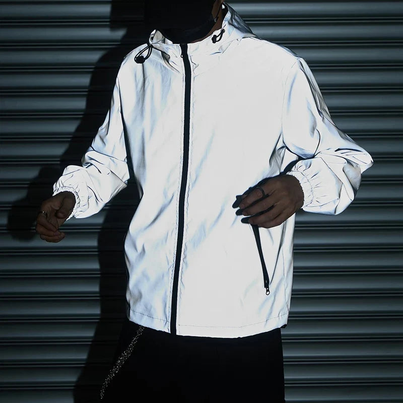 Night Reflective Clothes Spring New Men's Hooded Jacket Outdoor Run Casual Windproof Coat Couples Hip-hop Streetwear S-5XL
