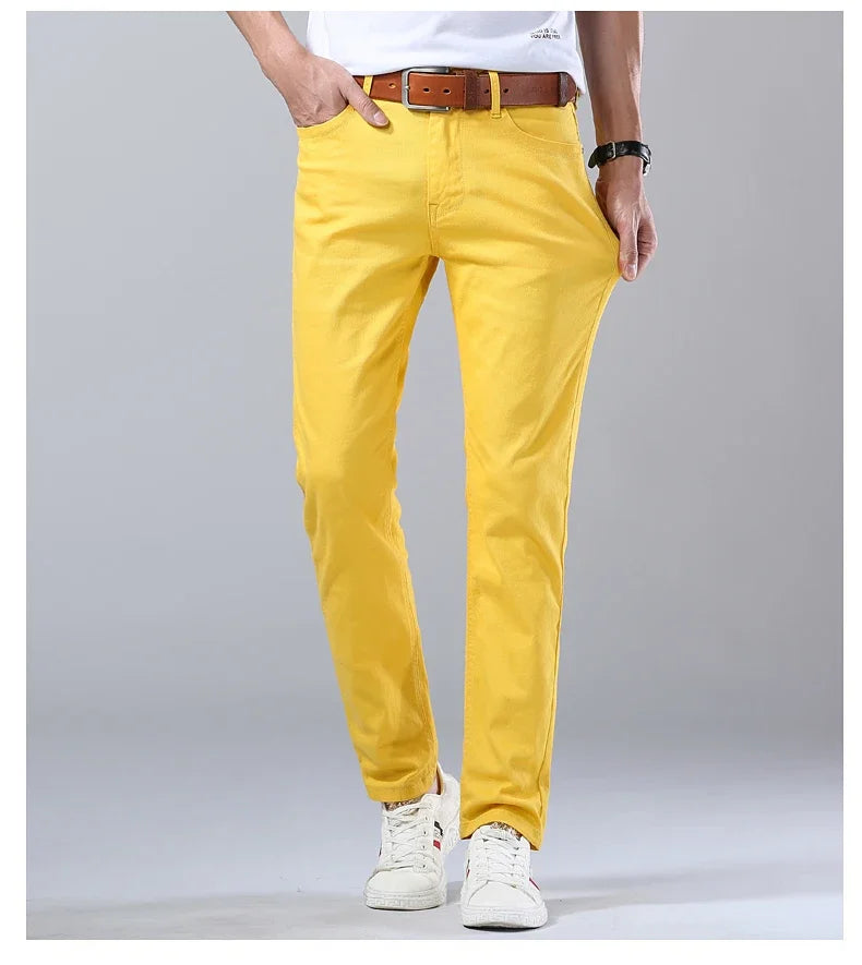 2024 Autumn New Men's Stretch Fit Jeans Bright Trendy Denim Straight-leg Trousers Male Red Lake Blue Yellow Trousers