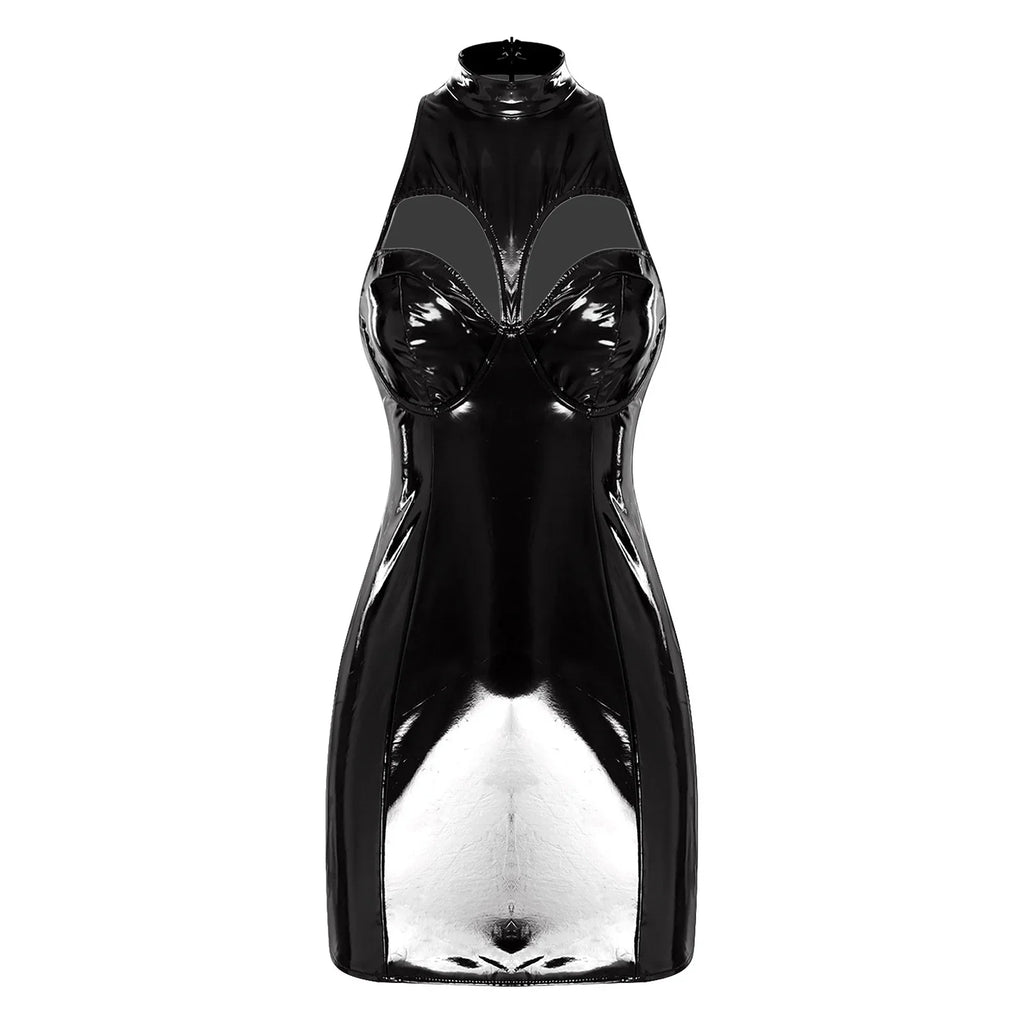 Womens Wet Look PU Leather Mini Dress Mock Neck Sleeveless Hollow-out Push-up Bra Bodycon Tube Dress Clubwear for Raves Party