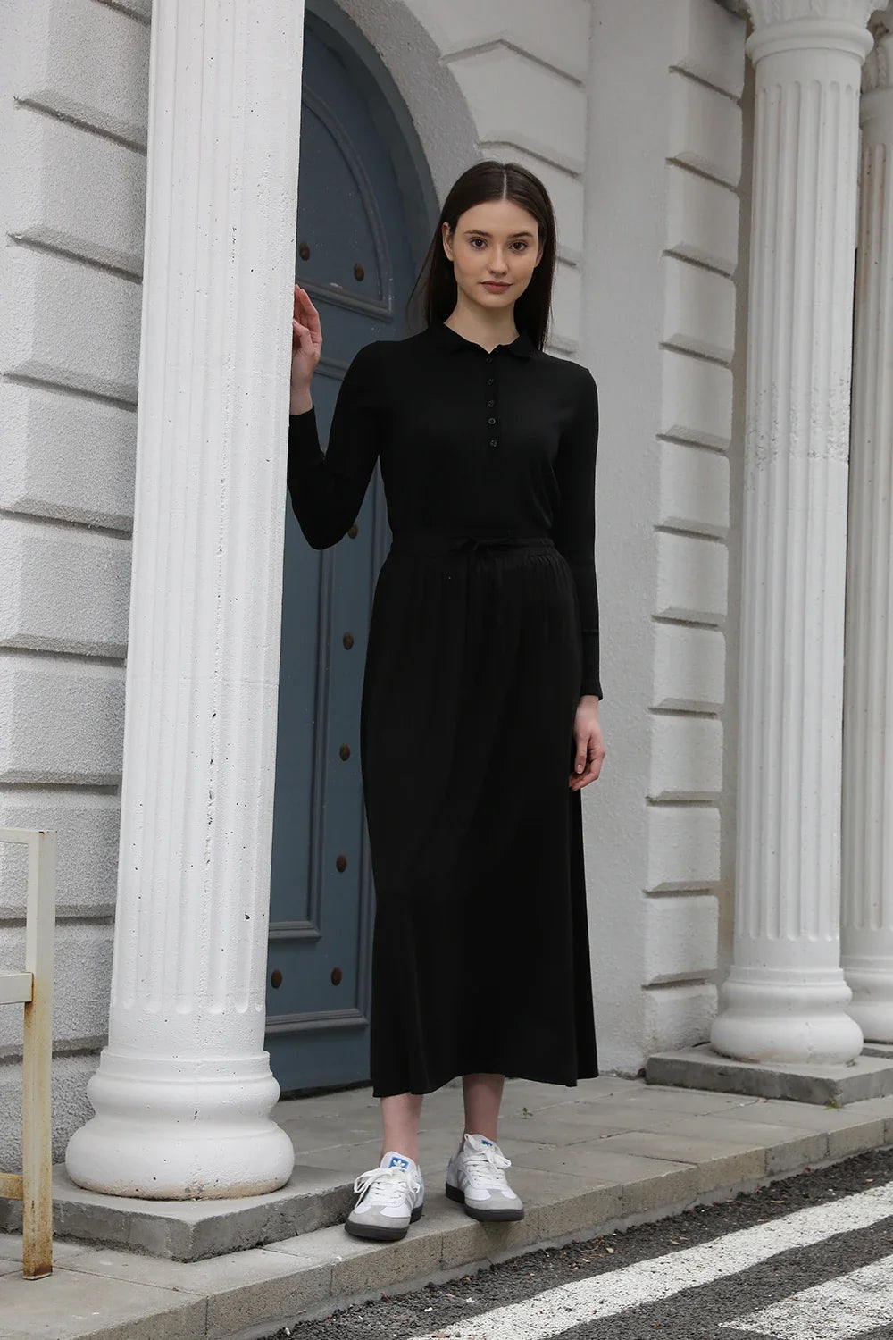 AP 2025 Spring and Summer Women Turn-down Collar Tee Soft Lady Cotton Blend Skirt Comfortable Casual