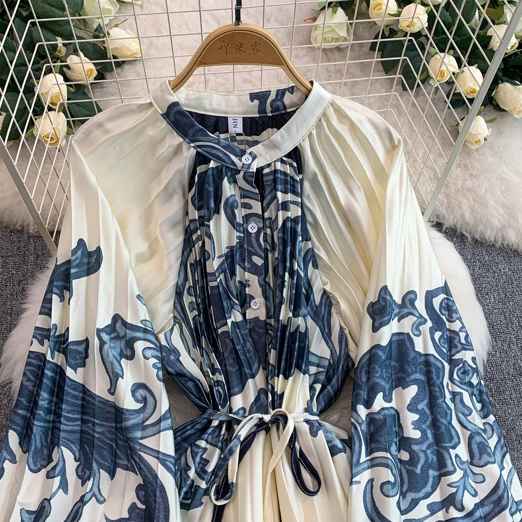 Printed round Ne Lantern Sve Dr Women's Single Button Waist Cinch Maxi Skirt Long Dr Commute Sle Autumn
