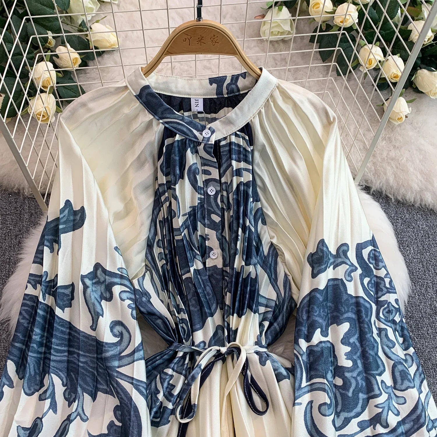 Printed round Ne Lantern Sve Dr Women's Single Button Waist Cinch Maxi Skirt Long Dr Commute Sle Autumn