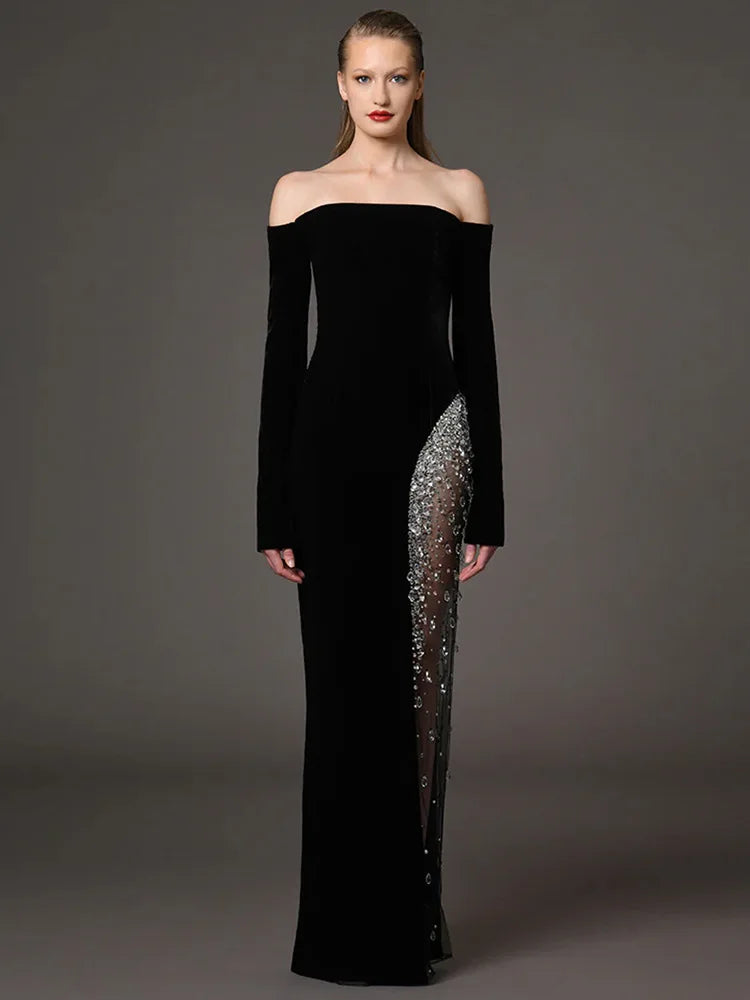 Newest 2026 Designer Vestido Women's Diamonds Beaded Slash Neck Off The Shoulders Patchwork Gauze Long Maxi Dress