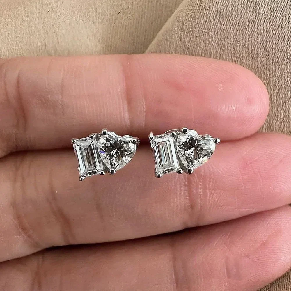 2-stone Heart Emerald Cut Moissanite Stud Earrings D Color Diamond with Certificates 925 Sterling Silver Ear Studs for Women