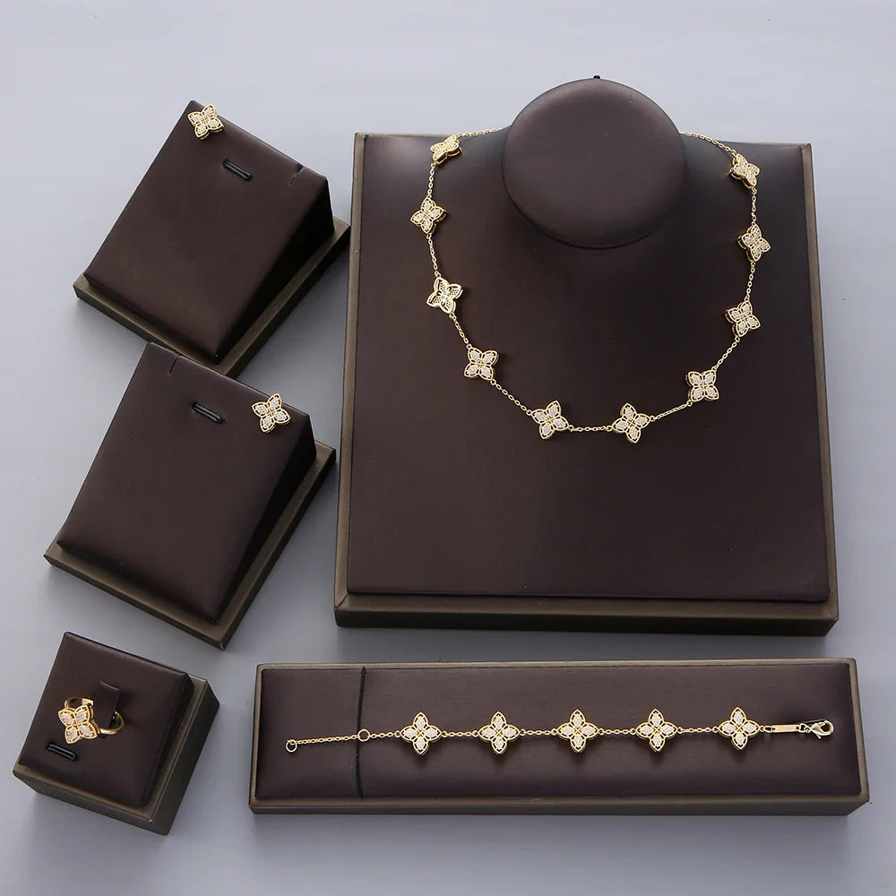Luxury Flower Statement Necklace earring ring BraceletJewelry Set For Women Wedding Party Full Zircon Dubai Bridal jewelry N0555