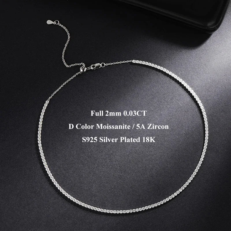 Adjustable Full 2mm 0.03CT D Color Moissanite Tennis Necklace for Women 925 Silver Plated 18K Gold Choker Neck Chain Gift