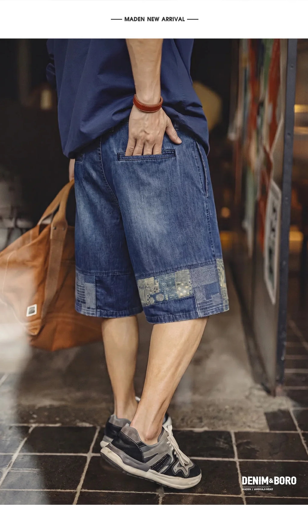 Men's American Retro Slub Texture Washed Denim Shorts Vintage Cloth Spliced Five Inch Loose Casual Workwear Daily Trousers