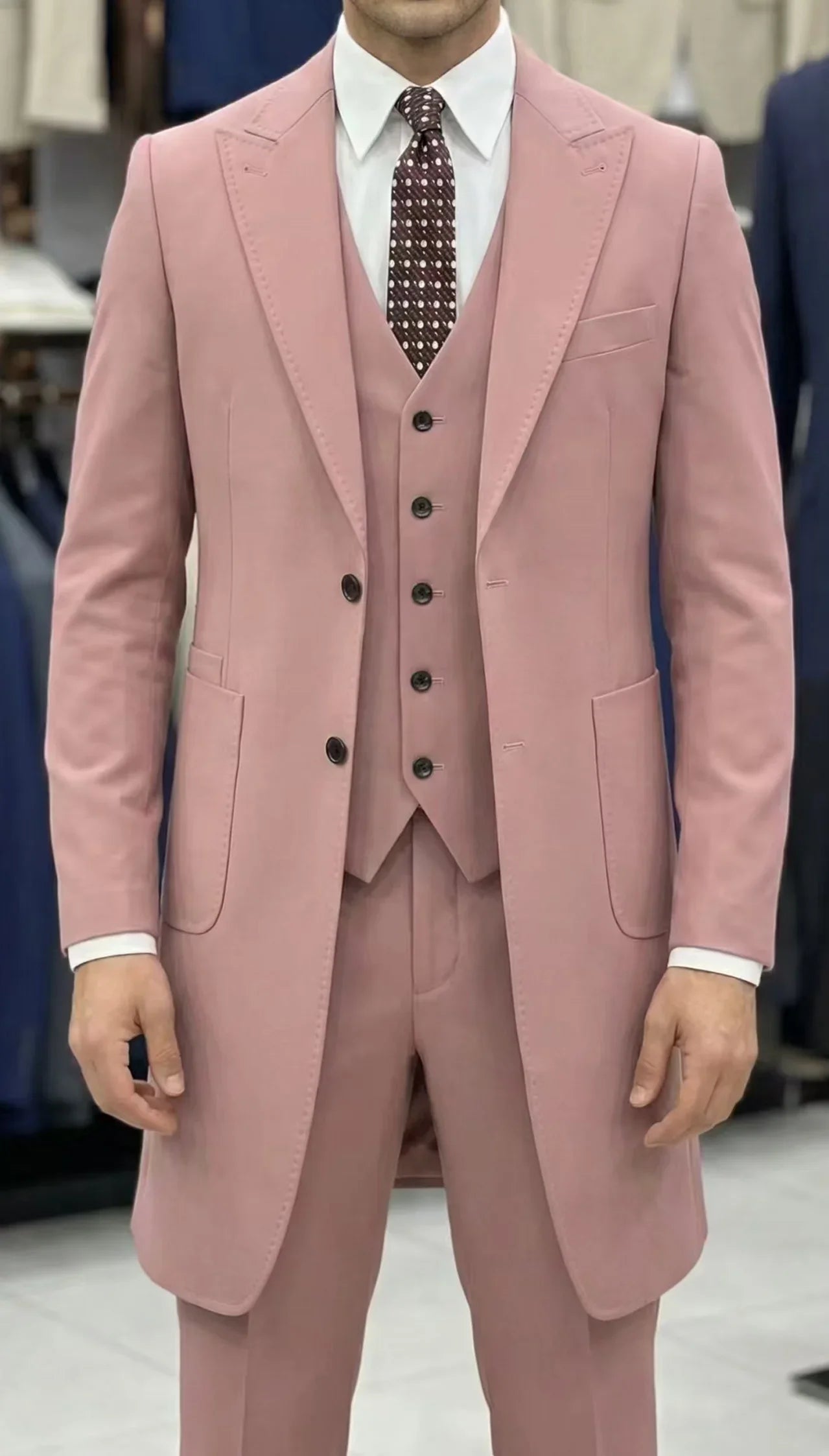 2026 New Fashion Men's Burgundy Blue 3-Piece Suit Long Blazer Vest Pants Set  Set Slim Fit Formal Wedding Groom