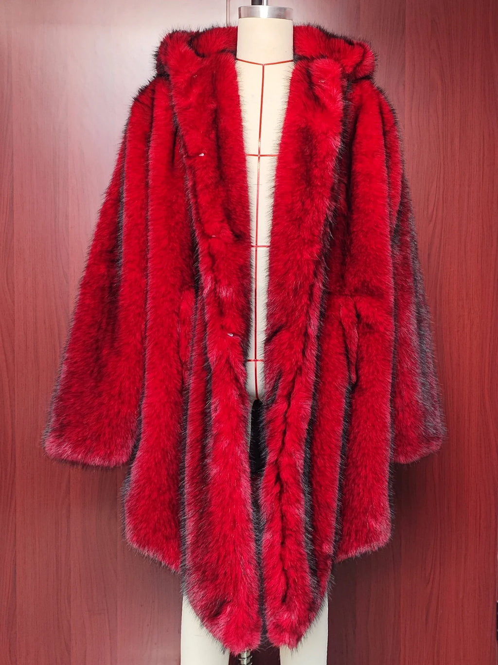 Autumn/Winter Long Warm Fluffy Faux Fur Coat Red Men's Long Sleeve High Quality Luxury Fluffy Coat