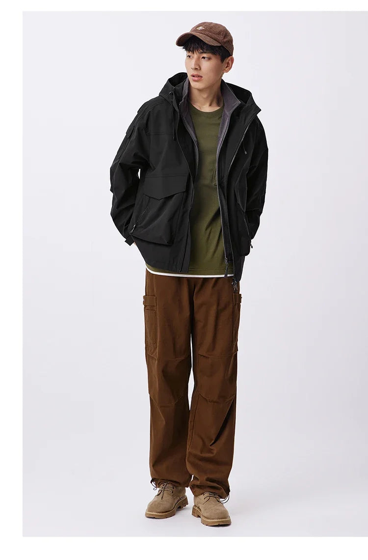 Three-proof Jacket Men Autumn Outdoor Color Block Hooded Windbreaker Large Pocket Workwear Trendy Coat