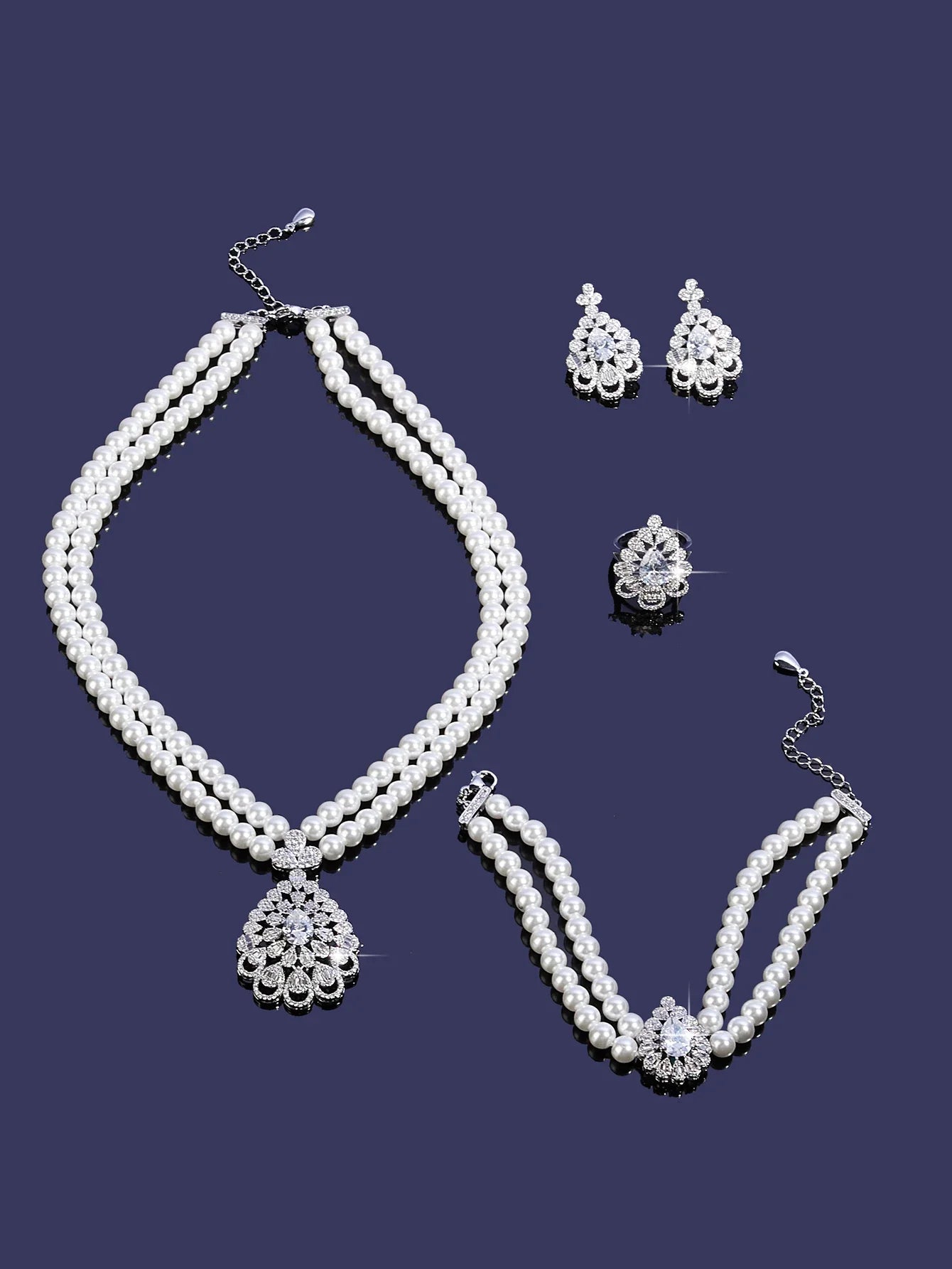 Trendy Pearl Tassel Necklace 4PCS Jewelry Set For Women Wedding Party Full Zircon Dubai Bridal Jewelry Set Gift