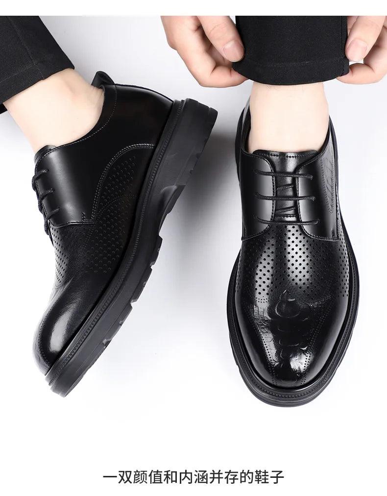 2026 Summer New Men's Cow Leather Oxford Shoes Hollow Out Formal Business Dress Shoes Male Non-slip Fashion Platform Shoe Man