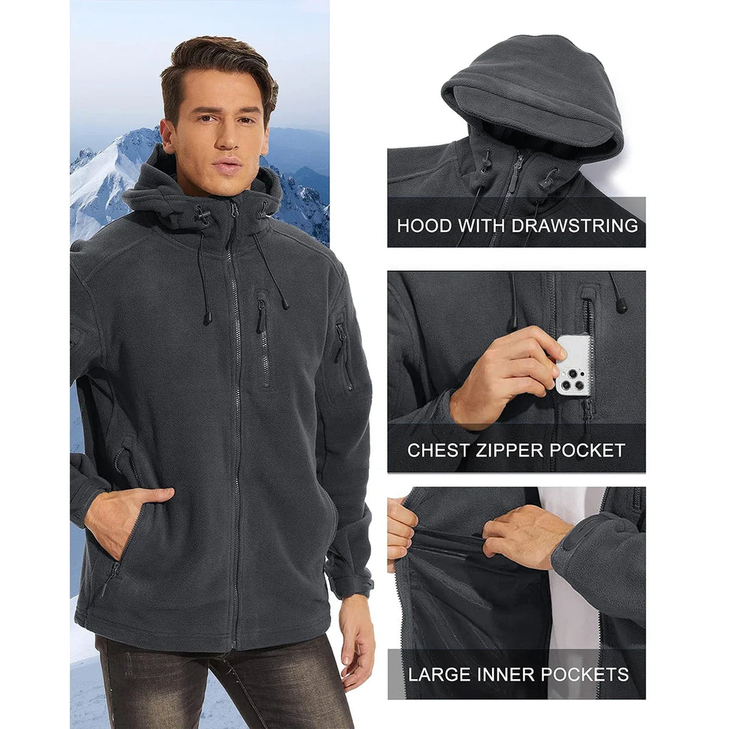 Fall Winter Men's Hooded Fleece Jacket Full Zip Up Soft Warmth Windproof Coat Outdoors Working Hiking Fishing Outerwear