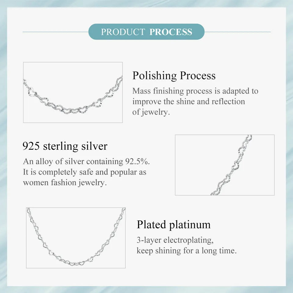 Real 925 Sterling Silver Trendy Heart-Shaped Basic Chain Link Lobster Clasp Adjustable Necklace for Women