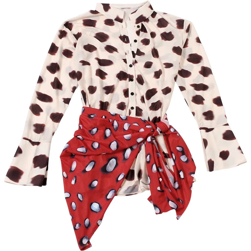 Music Festival Silk Scarf Strap Patchwork Dress Women Sexy Single-Breasted Full Sleeve Polka Dot Print Hottie Bodycon