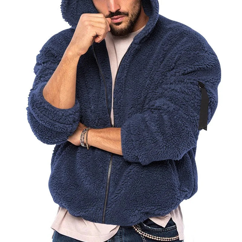Men's Winter Zipper Fleece Hooded Jacket Vintage Casual Streetwear Loose Solid Color Hoodie with Pockets Leisure Fashion Coat