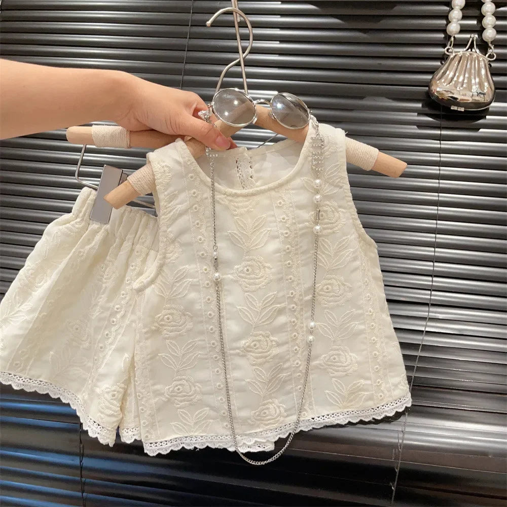 Girls Sleeveless Lace Vest + Shorts