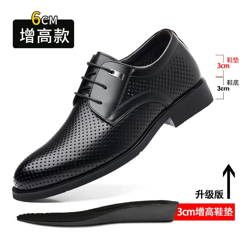Mens Black Genuine Leather Perforated Metal Decor Lace Up Formal Business Office Breathable Summer Shoes Hollow Stylish Simple