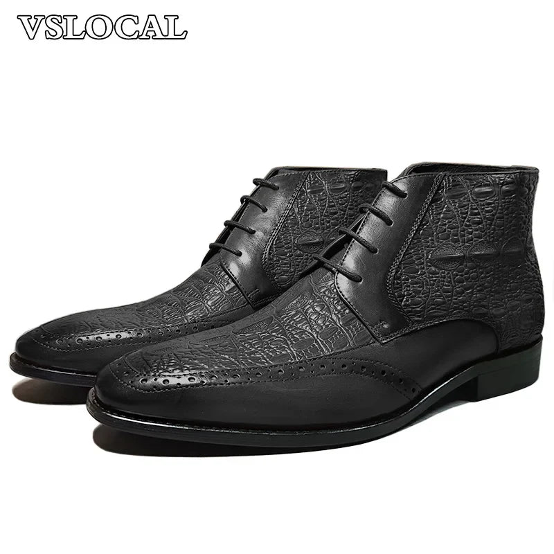 Luxury Brand Men Ankle Boots Shoes Black Brown Crocodile Prints Lace-up Mens Dress Boots Genuine Leather Dress Boots Men