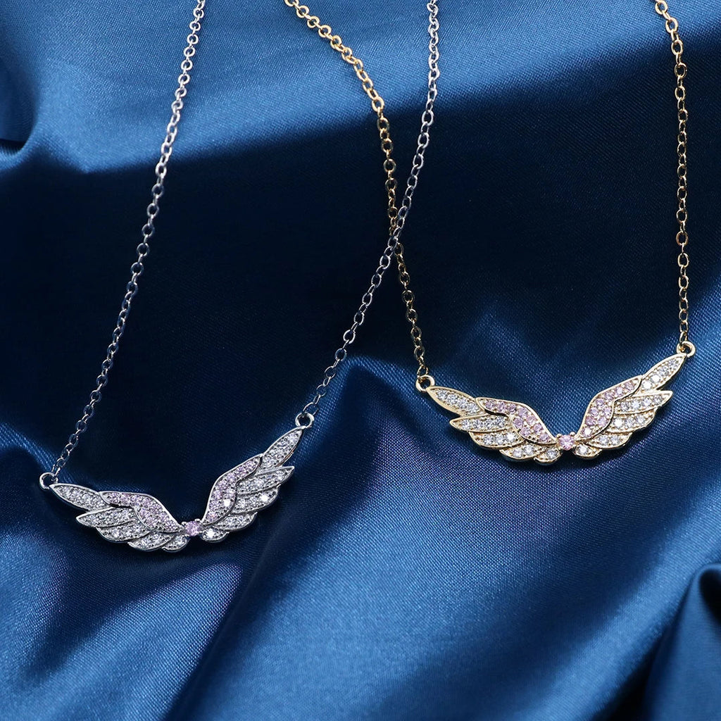 Delicate Women 24K Gold Plated Zircon Angel Wing Chain Pendant Necklace