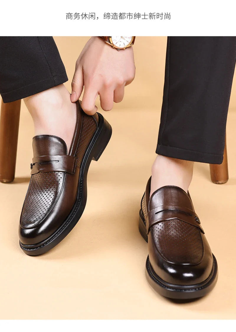 Mens Black Penny Loafers With Perforated Detail Slip On Comfortable Breathable Dress Shoes For Business Office And Summer Wear