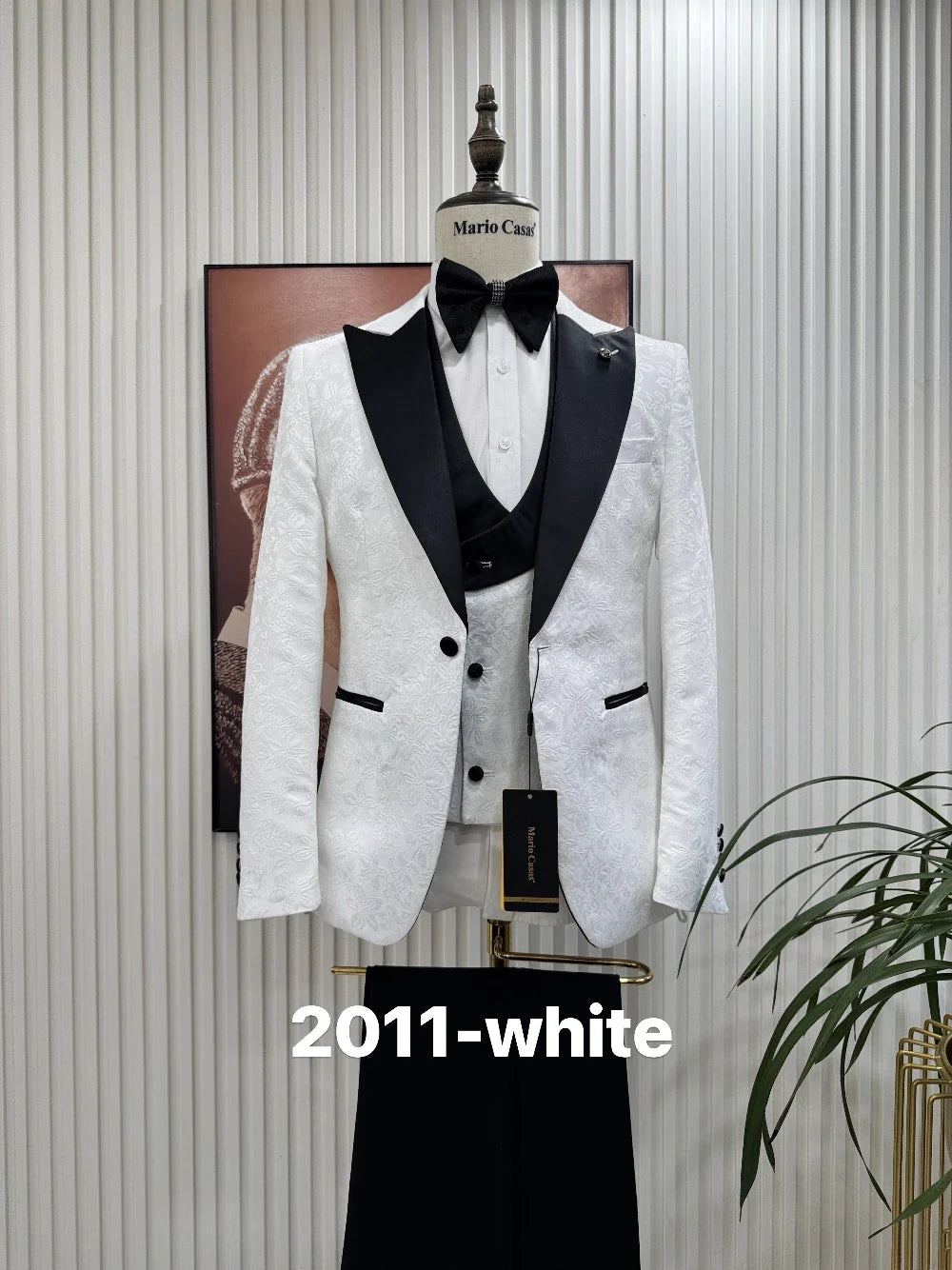 Premium Men's White Patterned 3-Piece Formal Tuxedo Black Lapel Slim Fit Groom Suit For Wedding Ball Dinner Party Formal Set