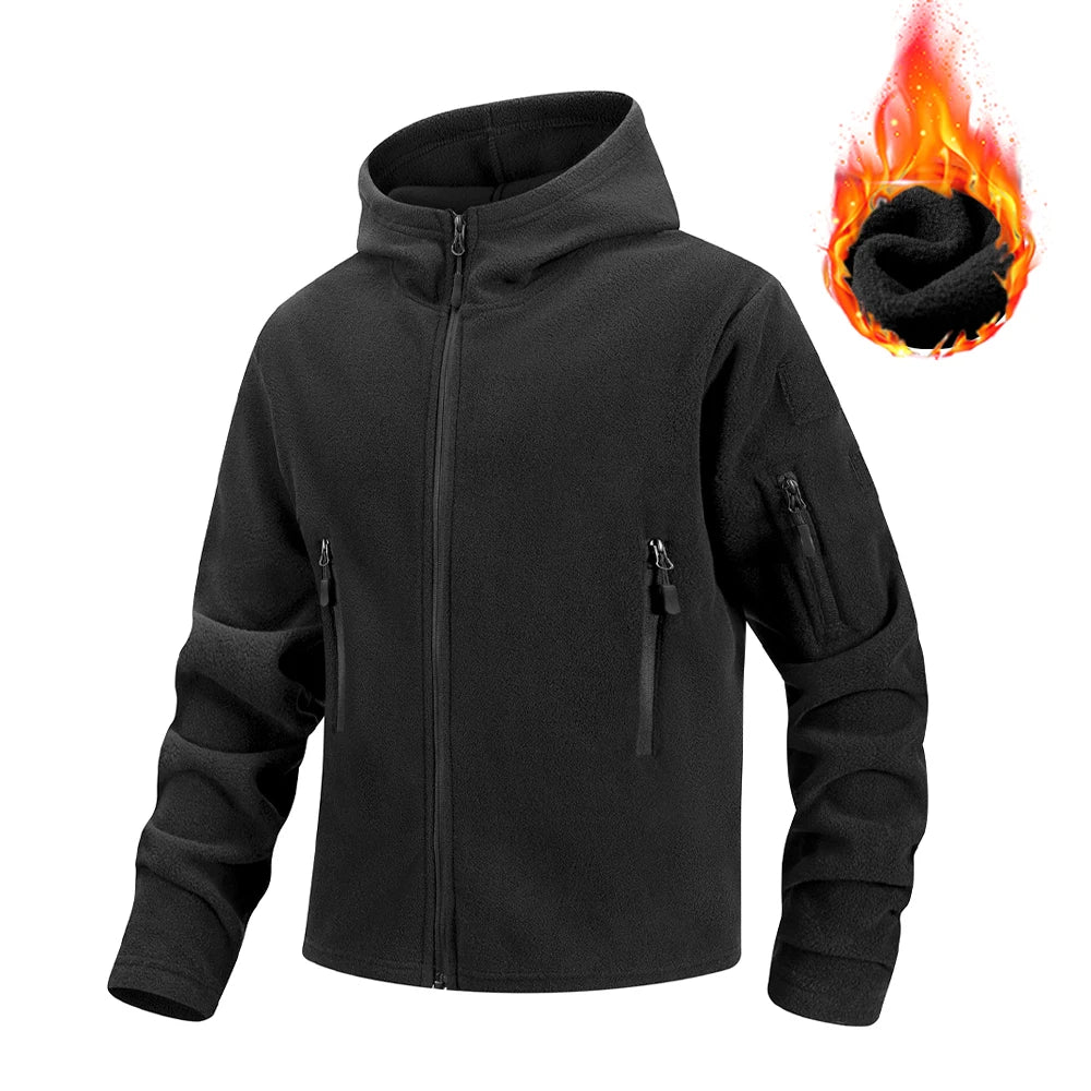 Men's Hiking Tactical Fleece Full Zip Hooded Jacket Multi-Zipper Pockets Design Autumn Winter Warm Outdoor Sports Coat for Men