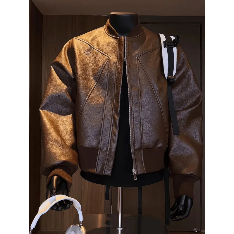 Hot Sale Men's Short American Style Retro Cracked Leather Motorcycle Jacket