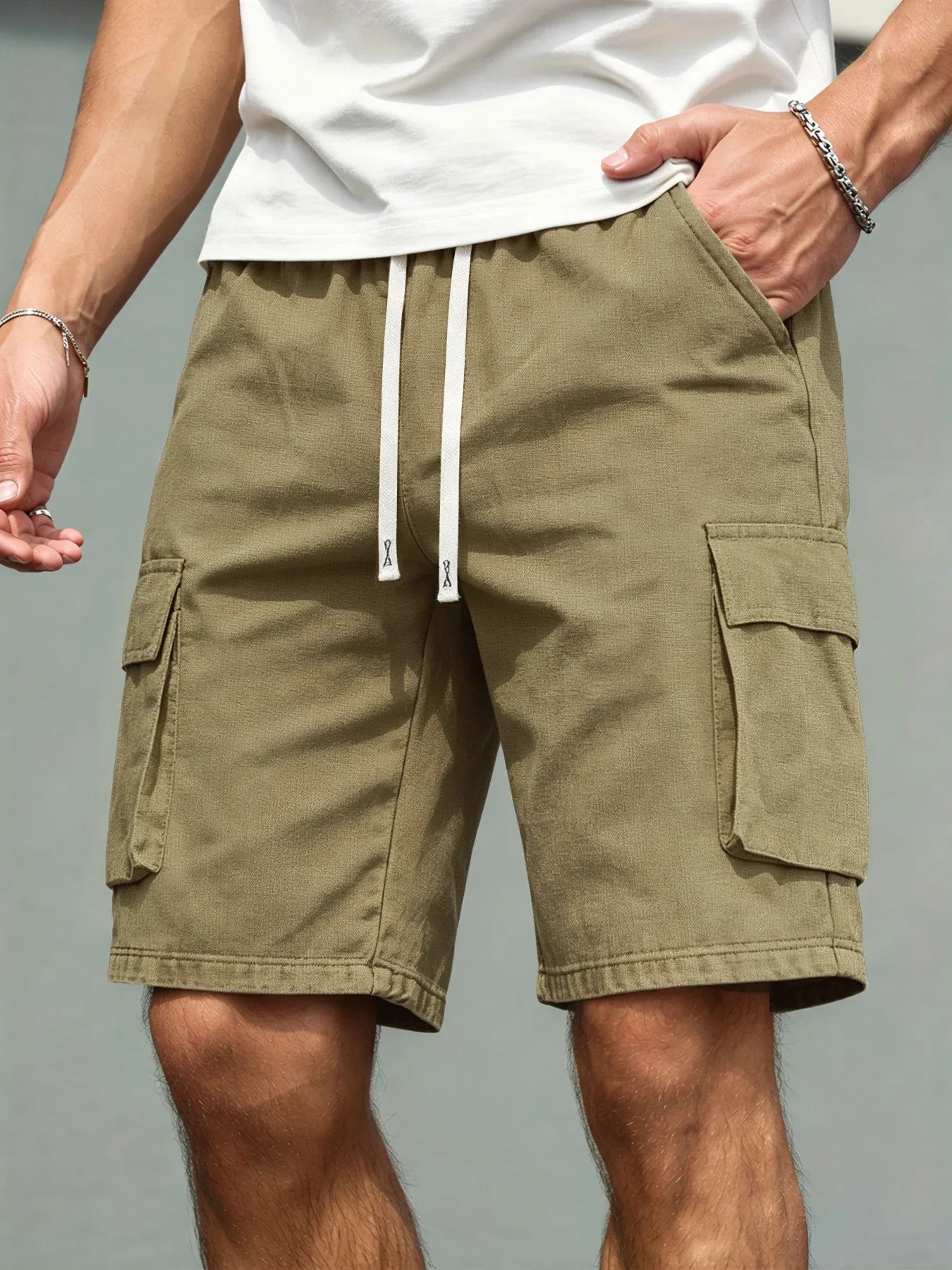 Men's Loose Polyester Straight-Leg Pants, Casual Multi-Pocket Work Shorts, High-End Men's Shorts, Drawstring Daily Work Shorts