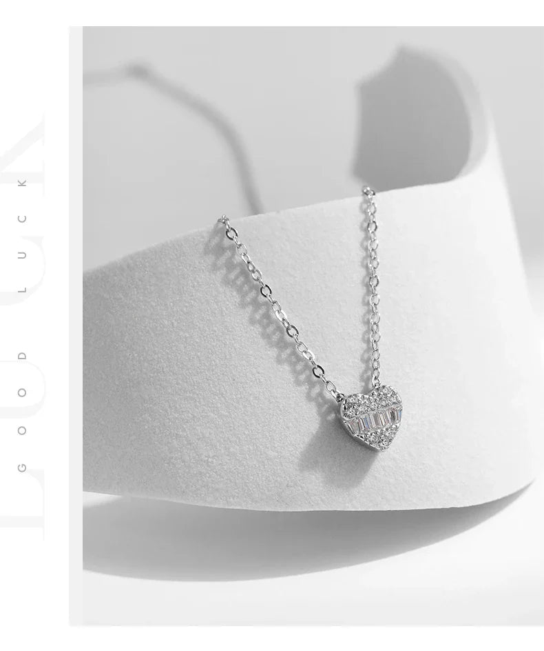925 Sterling Silver Pave Setting Hearts Sparkling Zirconia Necklace Pendant Classic Romantic Wedding Jewelry For Women
