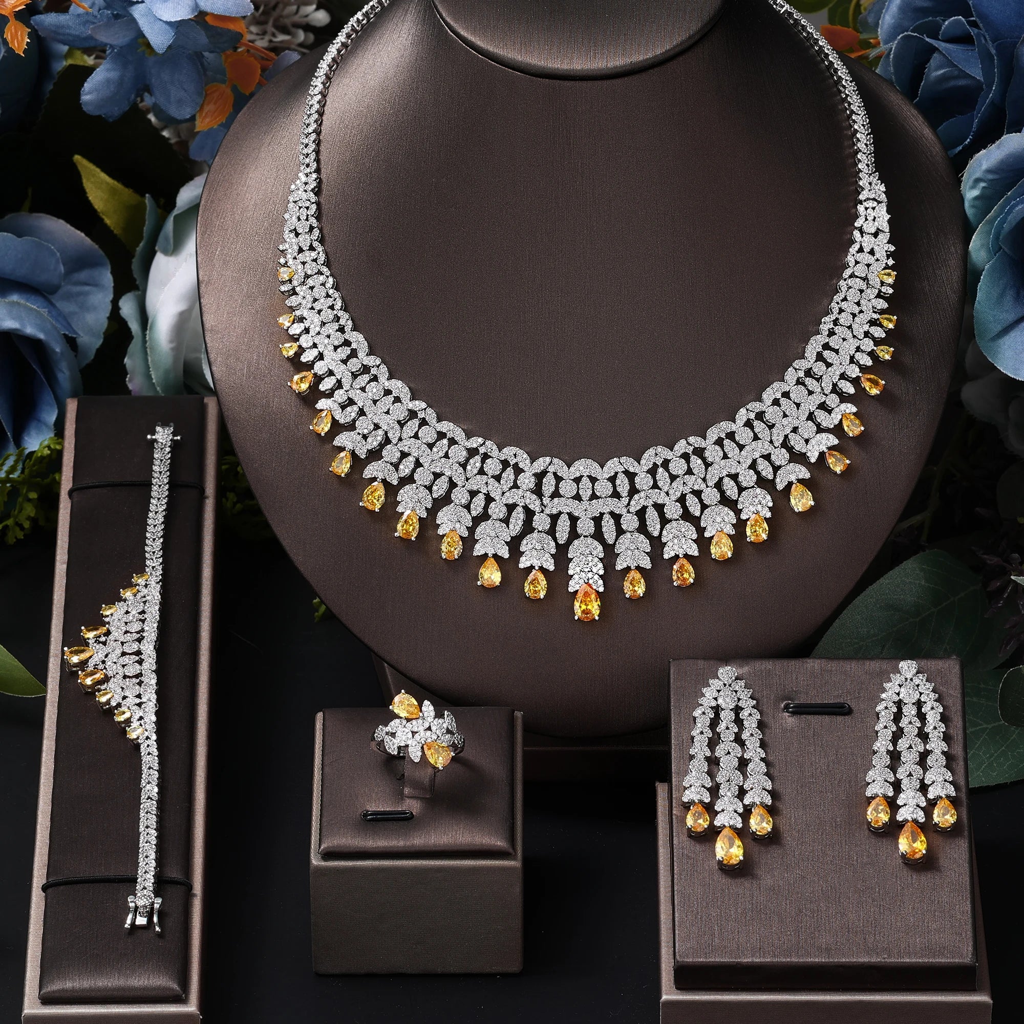 Famous Tassel Necklace Earrings Set Cubic Zircon Jewelry Set Dubai Bridal Jewelry Sets Wedding Party Gift Brides Accessories