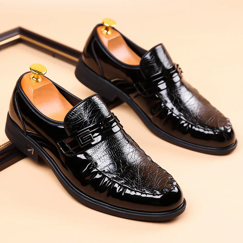 Men's Brown Crocodile Pattern Dress Shoes Patent Leather Slip-on Loafers Formal Business Wedding Oxfords for Men