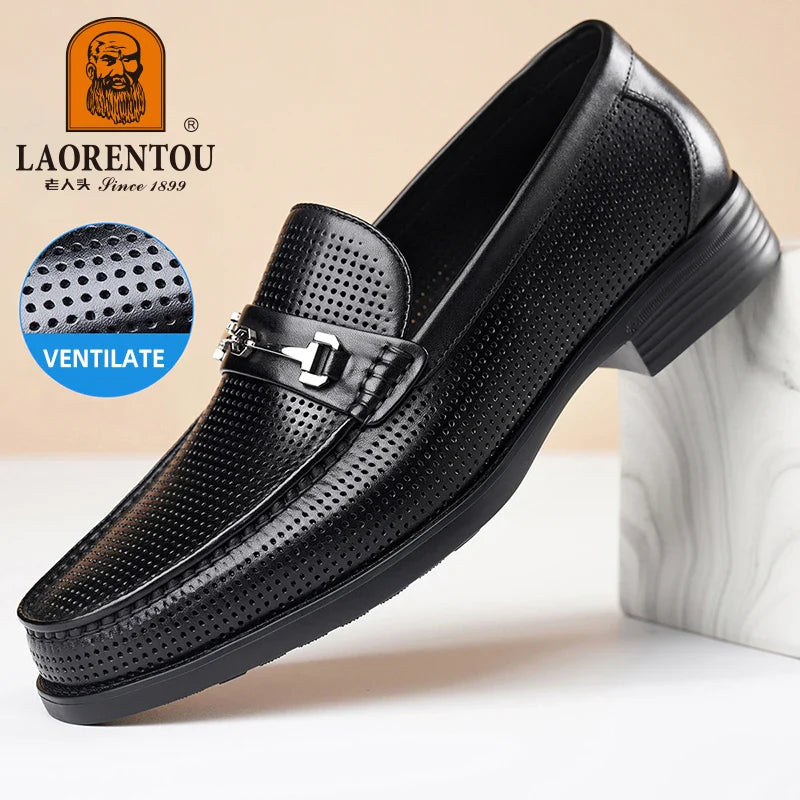LAORENTOU men's bean shoes, genuine leather hollow out breathable business casual dad leather sandals, soft soled loafers10790DW
