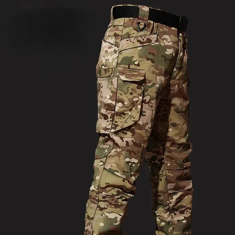 Autumn Tactical Sets Men Outdoor Breathable Short Sleeve Tshirt+Waterproof Straight Pant 2 Pcs Suits Camo Multi-pocket Cargo Set